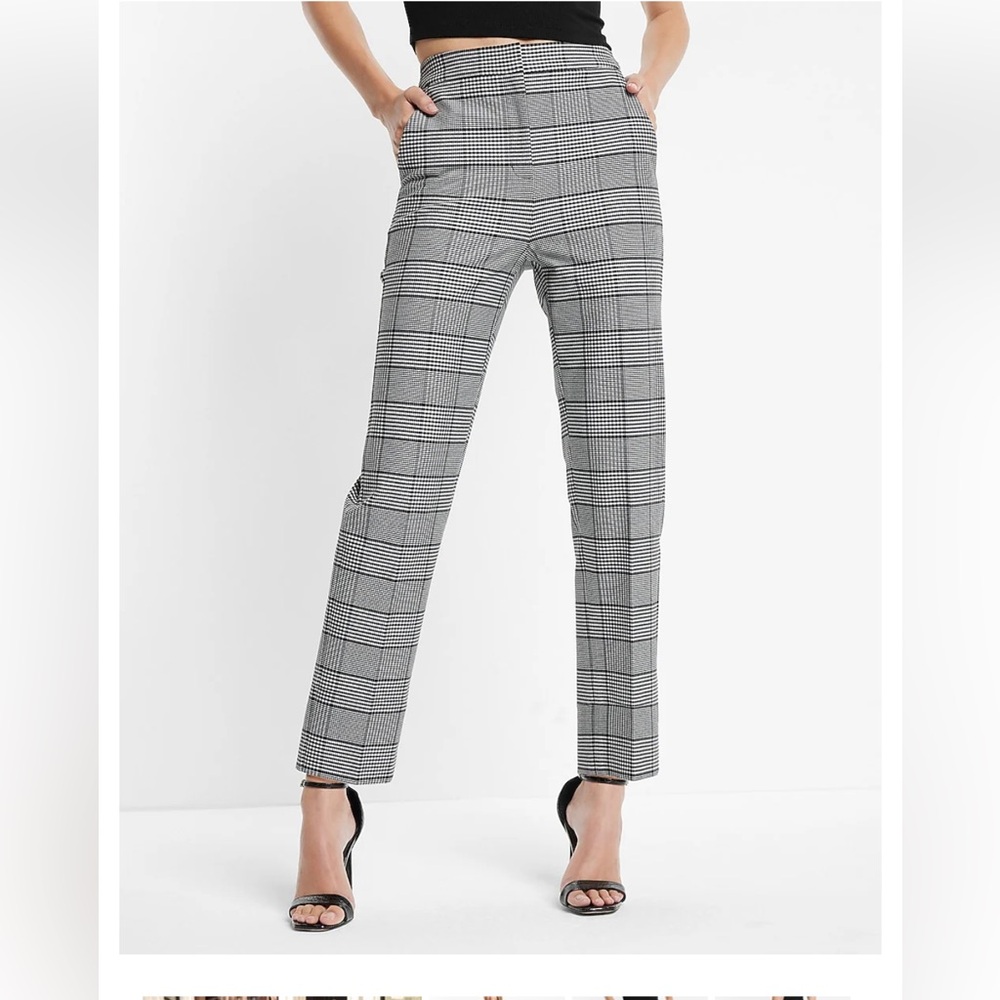 Express - Editor Super High Waisted Plaid Straight Ankle Pant - Black Grey - 10